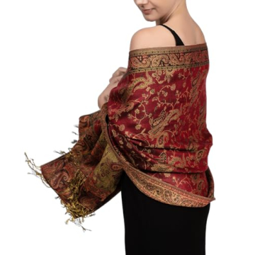 Achillea Soft Silky Reversible Paisley Shawl Wrap Scarf - Burgundy
