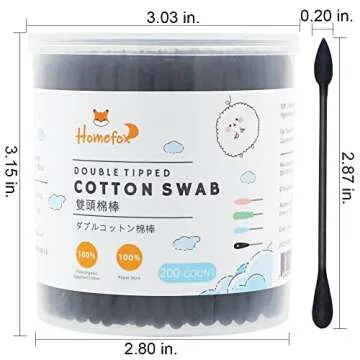 HOMEFOX Black Cotton Swabs Precision Pointed - 600 Count Organic Pointy Cotton Bud Double Side Tight...
