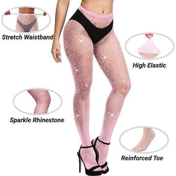 WEANMIX Women's Rhinestone Fishnet Stockings Pantyhose, High Waist Sparkly Tights for Women, Pink
