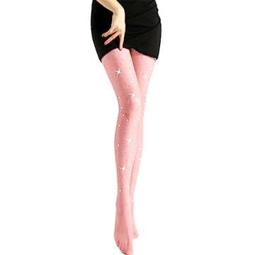 WEANMIX Women's Rhinestone Fishnet Stockings Pantyhose, High Waist Sparkly Tights for Women, Pink