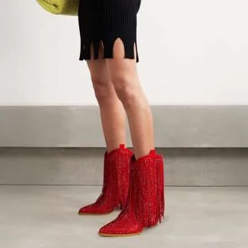 Ouepiano Cowboy Boots for Women - Cowgirl Rhinestone Boots with Sparkly Fringe Pointed Toe Western Ankle Boots & Booties Chunky Heel Pull-On Red US Size 8.5