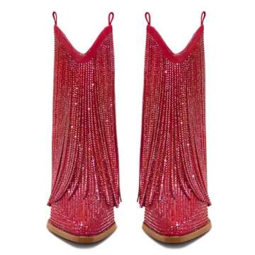 Ouepiano Cowboy Boots for Women - Cowgirl Rhinestone Boots with Sparkly Fringe Pointed Toe Western Ankle Boots & Booties Chunky Heel Pull-On Red US Size 8.5