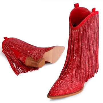 Ouepiano Cowboy Boots for Women - Cowgirl Rhinestone Boots with Sparkly Fringe Pointed Toe Western Ankle Boots & Booties Chunky Heel Pull-On Red US Size 8.5