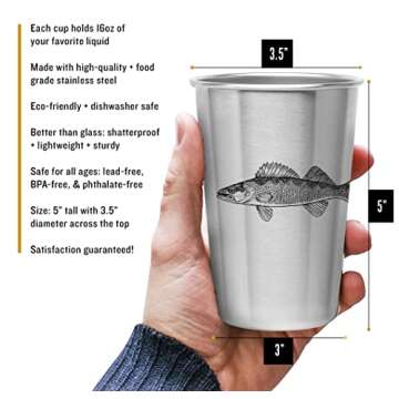 Freshwater Fish (Set of 4) Stainless Steel Pint Cups - Unique Gift for Guys - Tumblers for Home, Tra...