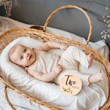 Beautiful Baby Monthly Milestone Cards - The Perfect Newborn Photography Props to Document Your Baby´s Growth - 10 Reversible Wooden Circles/Discs incl. Announcement & Hello World Sign