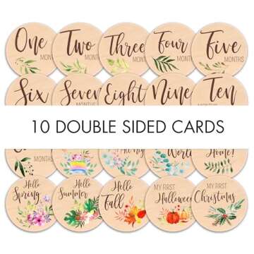 Beautiful Baby Monthly Milestone Cards - The Perfect Newborn Photography Props to Document Your Baby´s Growth - 10 Reversible Wooden Circles/Discs incl. Announcement & Hello World Sign