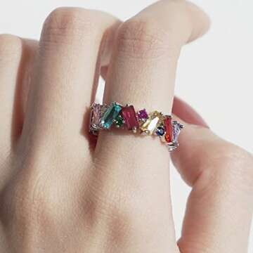 Michooyel Eternity Rainbow Ring Band Ring for Women Rhodium Plated Baguette Multicolor Cubic Zirconi...