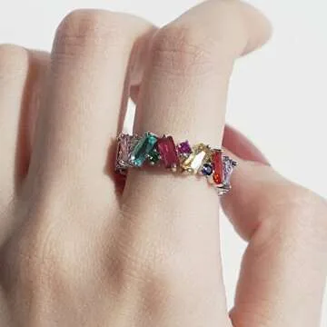 Exquisite Michooyel Eternity Rainbow Band Ring for Women - Rhodium Plated with Multicolor Cubic Zirc...