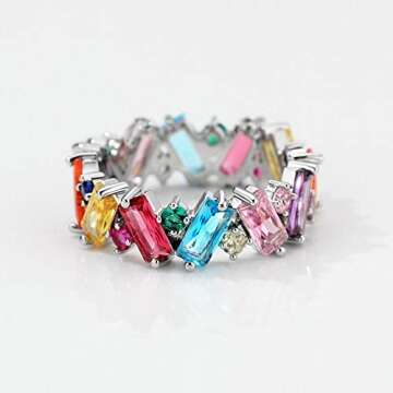 Michooyel Eternity Rainbow Ring Band Ring for Women Rhodium Plated Baguette Multicolor Cubic Zirconia Eternity Ring