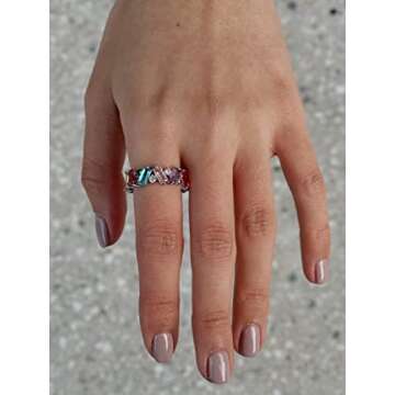 Michooyel Eternity Rainbow Ring Band Ring for Women Rhodium Plated Baguette Multicolor Cubic Zirconia Eternity Ring