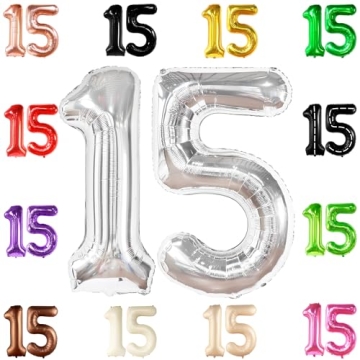Giant, Silver 15 Balloons Number - 40 Inch | Number 15 Balloons, Happy 15th Birthday Decorations for...