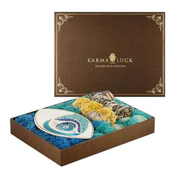 KARMA AND LUCK Evil Eye Sage Box Includes 4.5" x 6.5" Ceramic Evil Eye Plate with White Sages (Mystic Harmony)