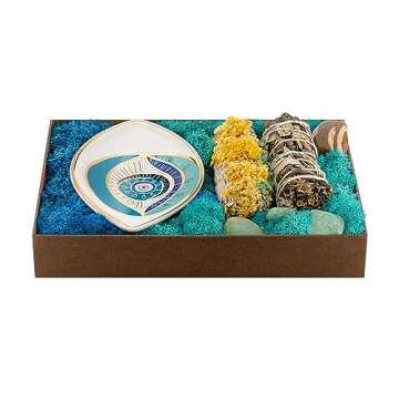 KARMA AND LUCK Evil Eye Sage Box Includes 4.5" x 6.5" Ceramic Evil Eye Plate with White Sages (Mystic Harmony)