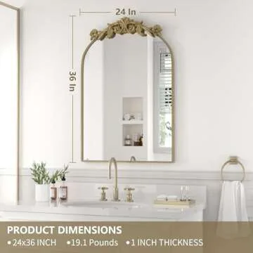 PAIHOME 24x36 Inch Gold Vintage Mirror for Bathroom, Ornate Oil Rubbed Gold Arched Wall Mirror Decor Big Mirror for Foyer Living Room Modern Hanging or Leaning, Metal Frame