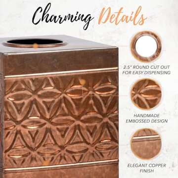 Autumn Alley Copper Tissue Box Cover Square, Copper Bathroom Accessories, Metal Tissue Holders for Bathrooms, Bedroom, Kitchen, Embossed Pattern, Modern Tissue Holders Decorative, Rustic, Copper