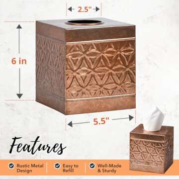 Autumn Alley Copper Tissue Box Cover Square, Copper Bathroom Accessories, Metal Tissue Holders for Bathrooms, Bedroom, Kitchen, Embossed Pattern, Modern Tissue Holders Decorative, Rustic, Copper