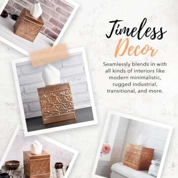 Autumn Alley Copper Tissue Box Cover Square, Copper Bathroom Accessories, Metal Tissue Holders for Bathrooms, Bedroom, Kitchen, Embossed Pattern, Modern Tissue Holders Decorative, Rustic, Copper