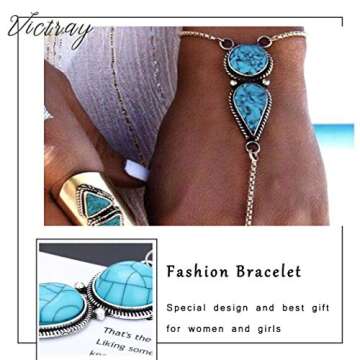Victray Boho Hand Chains Bracelets Turquoise Finger Rings Stylish Fashion Hand Accessories Jewelry for Women and Girls