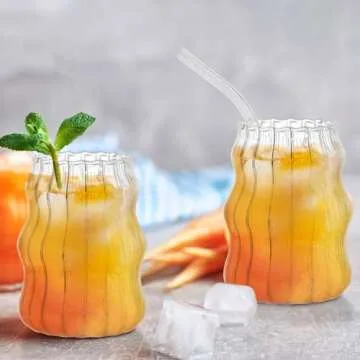 Tebery Ribbed Aesthetic Glass Set with Straws 16 Oz