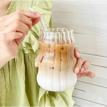 Tebery Ribbed Aesthetic Glass Set with Straws 16 Oz