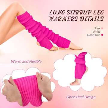 SATINIOR 3 Pairs Long Stirrup Yoga Leg Warmers 24 Inch over the Knee Ribbed Knit Leg Warmer for Women 80s Party Dance Sports (Pink,Rose Red,White)
