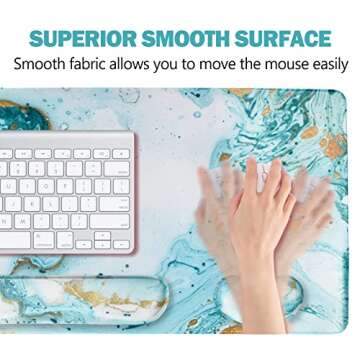 ARTSO Large Gaming Mouse Pad, Keyboard Wrist Rest Pad & Wrist Support Mousepad Set, Stitched Edge, Extended, Non-Slip Base, Memory Foam Desk Mat 4pcs for Office & Home, Teal Turqoise Marble