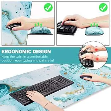 ARTSO Large Gaming Mouse Pad, Keyboard Wrist Rest Pad & Wrist Support Mousepad Set, Stitched Edge, Extended, Non-Slip Base, Memory Foam Desk Mat 4pcs for Office & Home, Teal Turqoise Marble