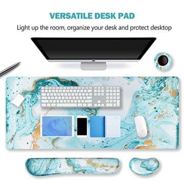 ARTSO Large Gaming Mouse Pad, Keyboard Wrist Rest Pad & Wrist Support Mousepad Set, Stitched Edge, Extended, Non-Slip Base, Memory Foam Desk Mat 4pcs for Office & Home, Teal Turqoise Marble