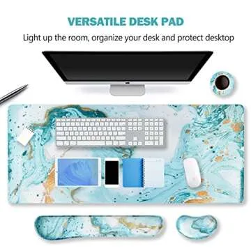 ARTSO Large Gaming Mouse Pad, Keyboard Wrist Rest Pad & Wrist Support Mousepad Set, Stitched Edge, Extended, Non-Slip Base, Memory Foam Desk Mat 4pcs for Office & Home, Teal Turqoise Marble