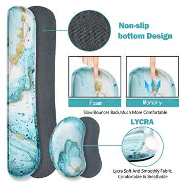ARTSO Large Gaming Mouse Pad, Keyboard Wrist Rest Pad & Wrist Support Mousepad Set, Stitched Edge, Extended, Non-Slip Base, Memory Foam Desk Mat 4pcs for Office & Home, Teal Turqoise Marble