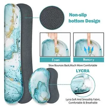 ARTSO Large Gaming Mouse Pad, Keyboard Wrist Rest Pad & Wrist Support Mousepad Set, Stitched Edge, Extended, Non-Slip Base, Memory Foam Desk Mat 4pcs for Office & Home, Teal Turqoise Marble