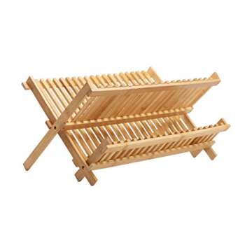 ARTALL 2-Tier Collapsible Drying Dish Rack, Bamboo Folding Plate Dish Drainer, Solid Plate Holder for Kitchen Utensils