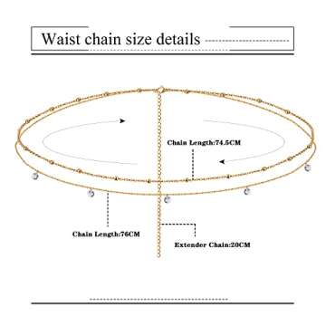 FIBO STEEL 18K Gold Plated Waist Chains Body Chains for Women Stainless Steel Bikini Belly Chains Layered Summer Beach Body Jewelry Adjustable CZ
