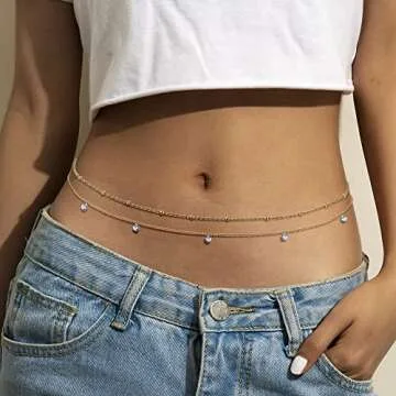 FIBO STEEL 18K Gold Plated Waist Chains Body Chains for Women Stainless Steel Bikini Belly Chains Layered Summer Beach Body Jewelry Adjustable CZ
