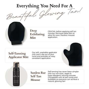 Sunless Rae Self Tanning Kit (Medium Tan), Natural Looking Fake Tan, Sunless Tanner Mousse, Applicator Mitt & Exfoliation Glove