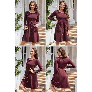 OUGES Long Sleeve Casual Midi Fall Dresses for Women 2025 Burgundy Wedding Guest Cocktail Party Winter Christmas Red Dress with Pockets 2025(Red,M)