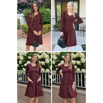 OUGES Long Sleeve Casual Midi Fall Dresses for Women 2025 Burgundy Wedding Guest Cocktail Party Winter Christmas Red Dress with Pockets 2025(Red,M)