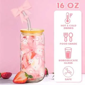 Skylety Set of 2 Coquette Bow Glass Cup 16oz Pink Glass Cup with Lids and Straws Reusable Pink Bow Silicone Straw Toppers Lids Protectors 2 Brush for Drinking Coffee Boba Tea Cocktail(Bow)