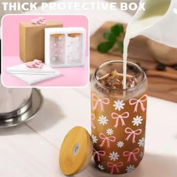 Skylety Set of 2 Coquette Bow Glass Cup 16oz Pink Glass Cup with Lids and Straws Reusable Pink Bow Silicone Straw Toppers Lids Protectors 2 Brush for Drinking Coffee Boba Tea Cocktail(Bow)