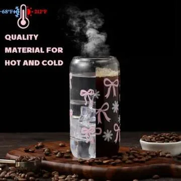 Skylety Set of 2 Coquette Bow Glass Cup 16oz Pink Glass Cup with Lids and Straws Reusable Pink Bow Silicone Straw Toppers Lids Protectors 2 Brush for Drinking Coffee Boba Tea Cocktail(Bow)