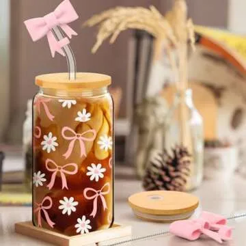 Skylety Set of 2 Coquette Bow Glass Cup 16oz Pink Glass Cup with Lids and Straws Reusable Pink Bow Silicone Straw Toppers Lids Protectors 2 Brush for Drinking Coffee Boba Tea Cocktail(Bow)