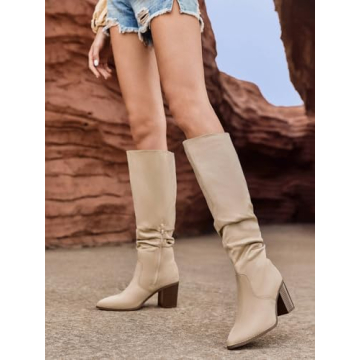 Huiyuzhi Women's Pointed Toe Knee High Boots Chunky Heel
