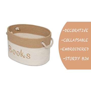 Rope Storage Basket - 15 x 11 x 9 Book Storage Bin - Embroidered Storage Bins - Tote Bin for Nursery, Playroom, Living Room, Classroom (Book Bin)
