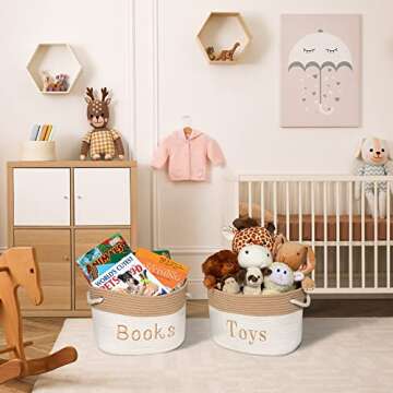 Rope Storage Basket - 15 x 11 x 9 Book Storage Bin - Embroidered Storage Bins - Tote Bin for Nursery, Playroom, Living Room, Classroom (Book Bin)