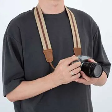 Padwa Lifestyle Stripe Camera Strap for DSLR - Adjustable Cotton with Leather Ends