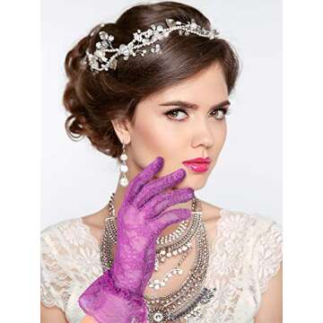 SATINIOR Ladies Lace Gloves for Women Tea Party Elegant Short Courtesy Gloves for Wedding Dinner Opera Parties(Purple)