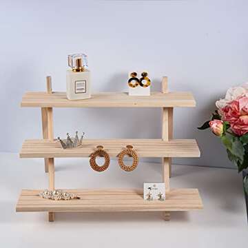 Eiyye Wooden 3 Tier Earring & Ring Display Stand Cupcake Display with Groove Stand Vendors Selling Craft Showing, Retail Display Stand(Natural)