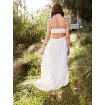 CIDER Maxi Dresses Women White Spaghetti Strap Backless Flowy Summer Boho Vacation Dress Beach Outfits