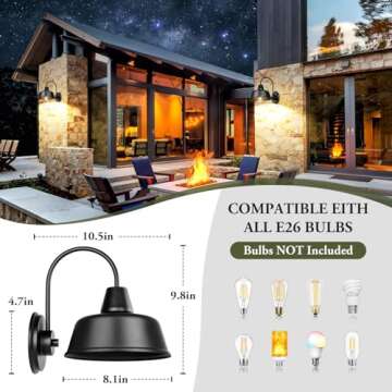 2-Pack Outdoor Wall Light Fixtures, Farmhouse Gooseneck Barn Light, Black Industrial Exterior Wall Sconces with E26 Socket, Anti-Rust Front Porch Lights for House, Patio, Outside, Garage, Doorway