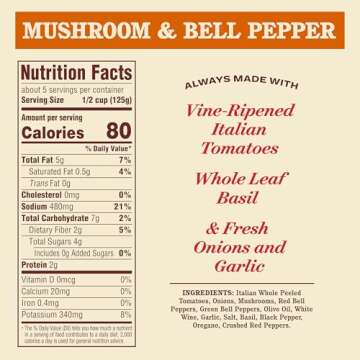 Rao's Homemade Mushroom and Bell Pepper Sauce, 24 oz, Tomato Sauce, All Purpose, Keto Friendly Pasta Sauce, Premium Quality Tomatoes from Italy, Mushrooms, and Bell Peppers